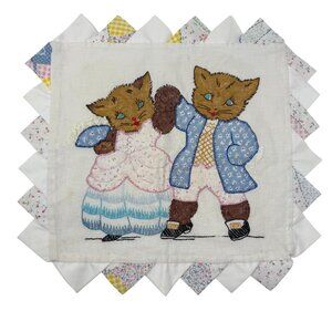 Vintage Handcrafted Cat Couple Quilted Pillow Case Scalloped Edge Dancing
